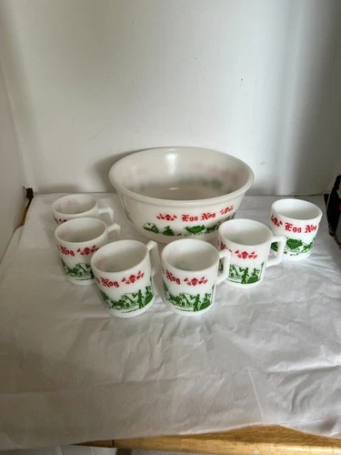 Vintage Hazel Atlas Tom And Jerry Milk Glass Eggnog Set With Bowl and 6 Cups