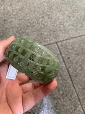 Unique Rare Hand Carved Chinese HeTian Celadon Jade Openwork Bangle Bracelet