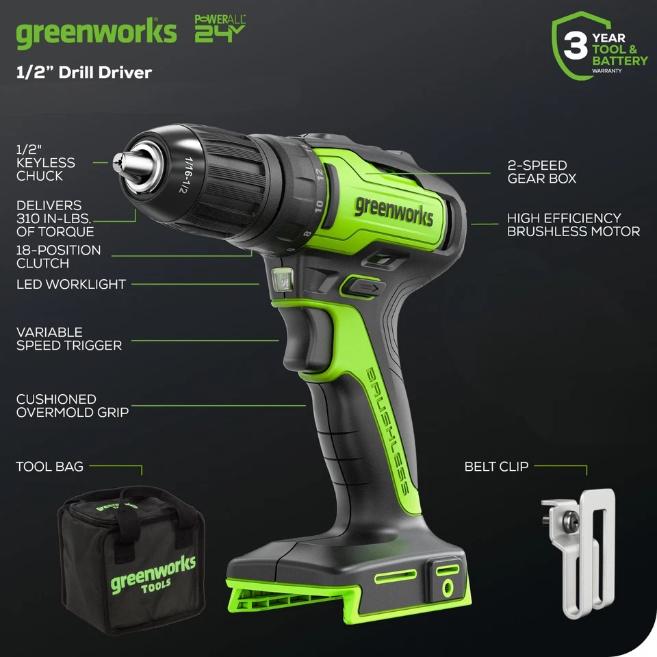 Greenworks 24V Drill Impact Driver and Jig Saw 3Pcs Combo Kit w/ 2x2Ah Battery - Image 2 of 4