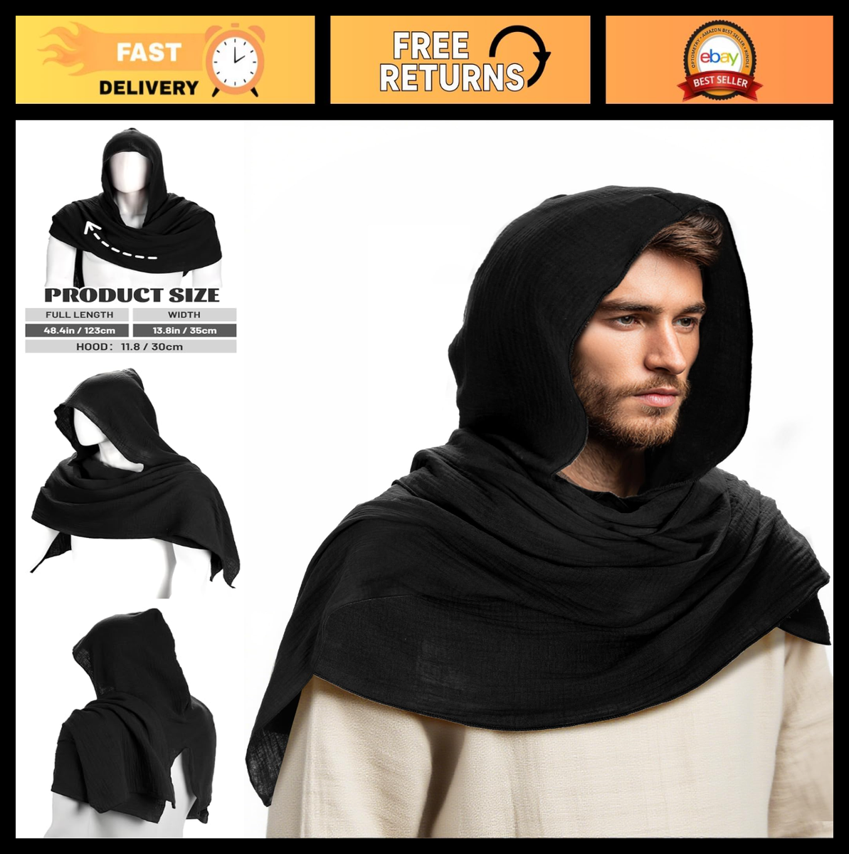 Medieval Renaissance Hooded Shawl Scarf Cape for Men & Women