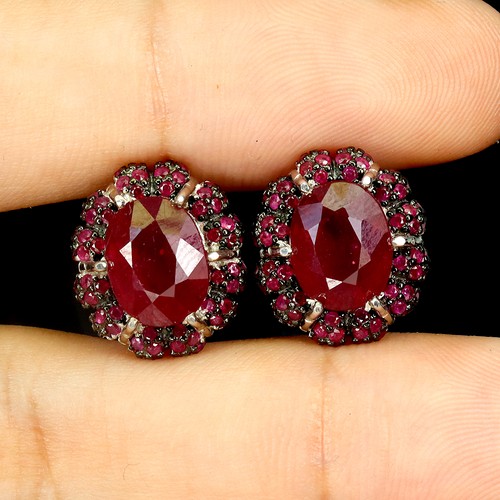 925 Sterling Silver Earrings Oval Ruby 9x7mm Ruby Round Myanmar Gemstone - Picture 2 of 13