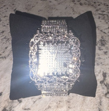 Silver Tone Iced Out Square Analog Roman Nume...