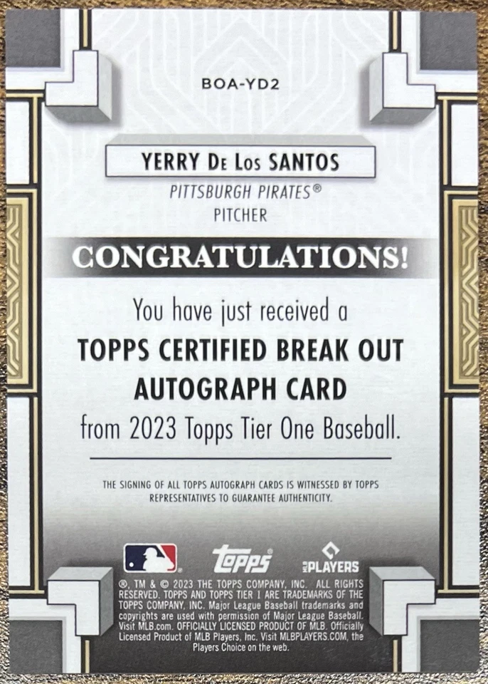 2023 Topps Tier One Yerry De Los Santos Rookie Auto #295/299 Pirates #BOA-YD2 - Image 2 of 2