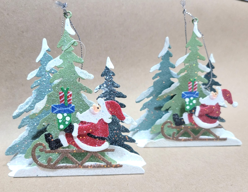 Christmas/Holiday Metal Glitter Santa Sleigh  & Trees Ornament (Set of 2)