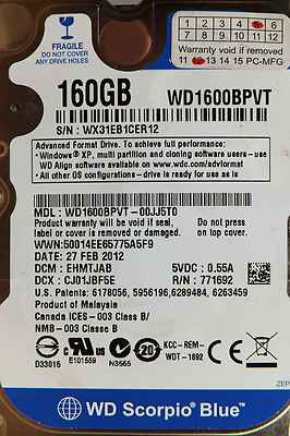 Western Digital 160GB WD1600BPVT-00JJ5T0 DCM: EHMTJAB | 27 FEB 2012