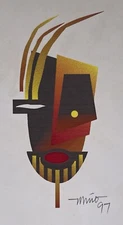 Modernist Mask Yellow Colorful Mini Glicee Pencil Signed Mino? '97 Puerto Rico