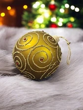 Christmas Ornament Bauble Glass Gold Glitter Swirl Embellished Holiday Decor