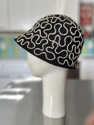 Vintage 1920's Black Felted Cloche Hat with Metallic Passementerie