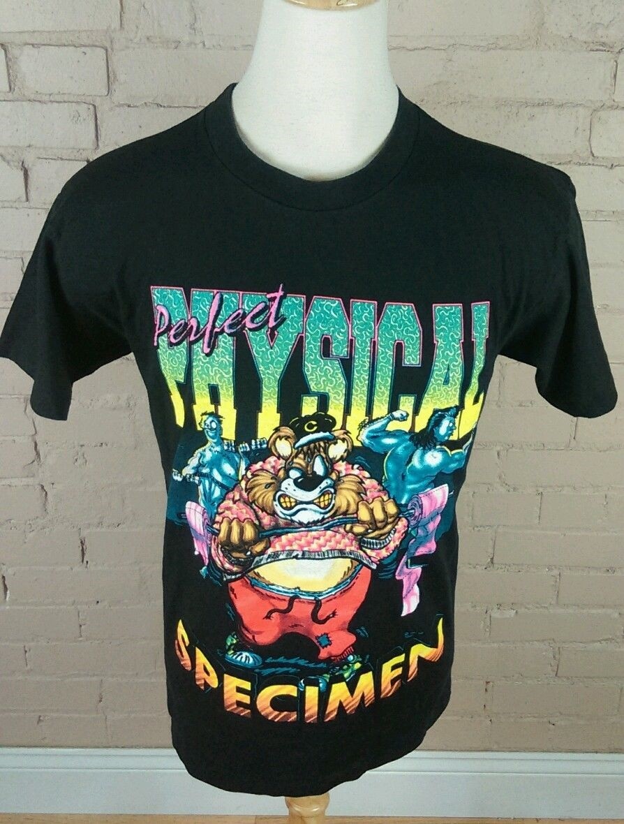 Vintage 80s 90s Neon body building weight lifting surf t shirt L