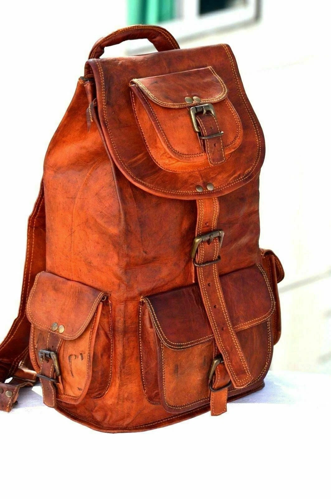 Men's Brown Shoulder Messenger Leather Backpack Rucksack Bag Travel New 16''
