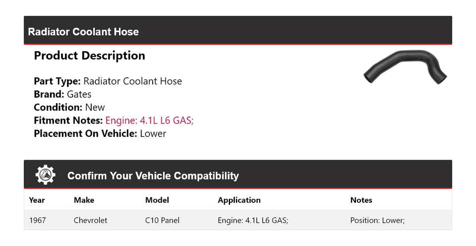 Para Chevrolet C10 1967 Panel 4,1 L L6 GAS Radiador Refrigerante Manguera Puertas Inferiores Foto 2 de 4
