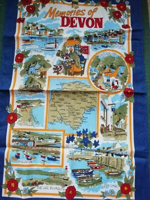 Vintage 1970er Sally Jayne Textilien Geschirrtuch Memories of Devon 100% Baumwolle
