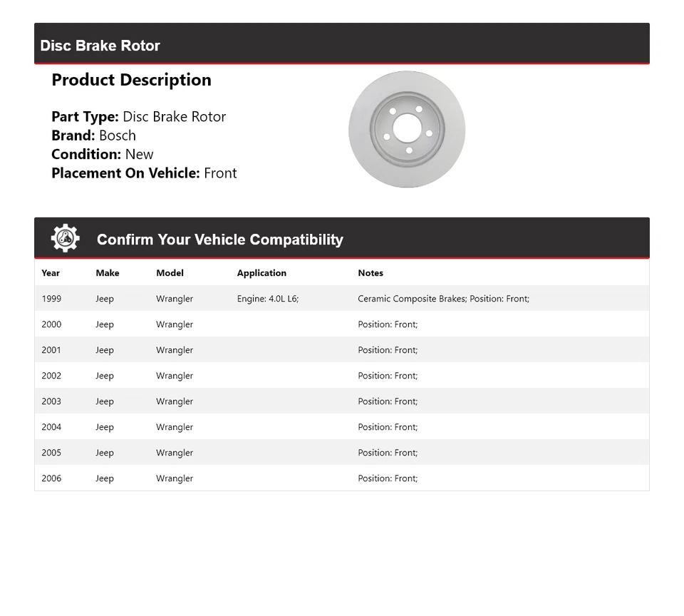 Тихий литой передний дисковый тормоз ротор для Jeep Wrangler Bosch 1999-2006 годов выпуска 2000 2001 годов выпуска - Изображение 2 из 4