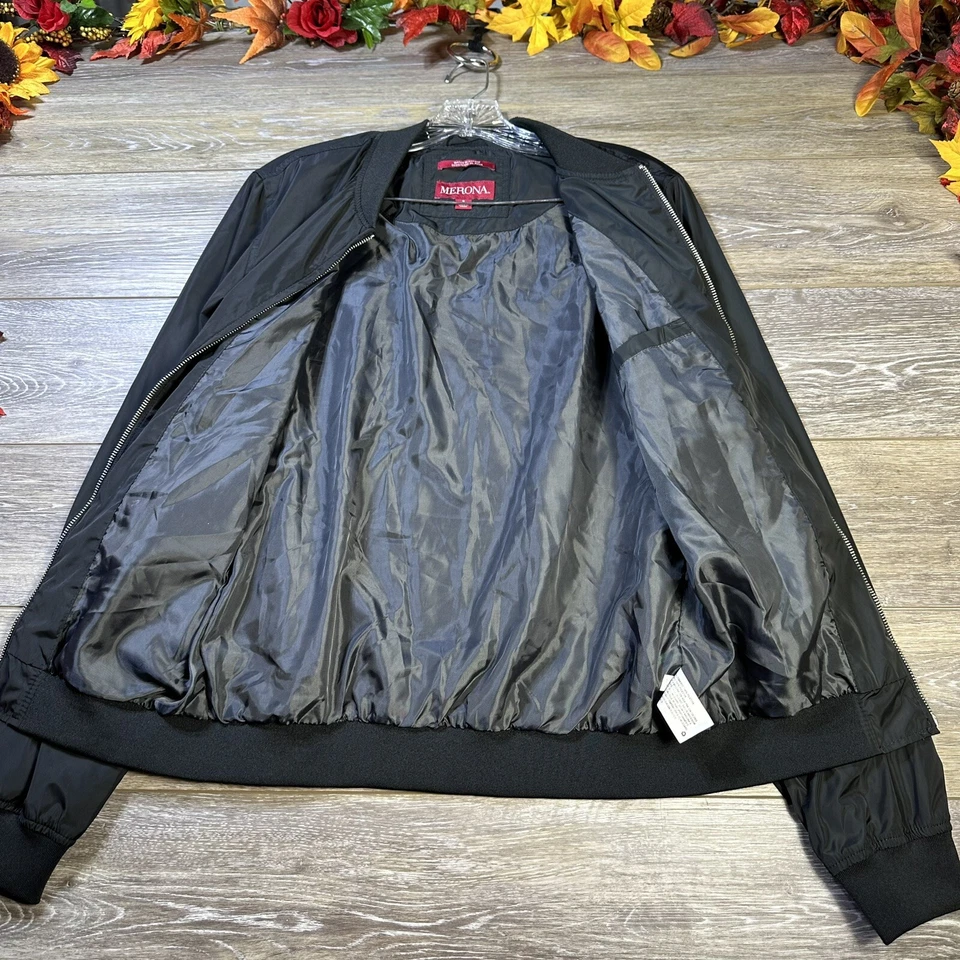 Chaqueta Bomber Negra Talla Pequeña-Mediana Hombre’s Negra Forrada Cortavientos Merona Foto 3 de 4