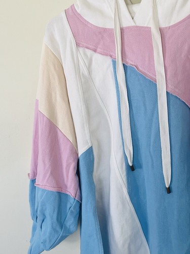 NWT $120 Anthropologie Pilcro Patchwork Hooded Sweatshirt Blue Pink Yellow White - Picture 4 of 8