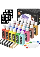 Shuttle Art Fabric Paint 24 Colors 2oz Bottles With Stencils, Brushes, And Palet
