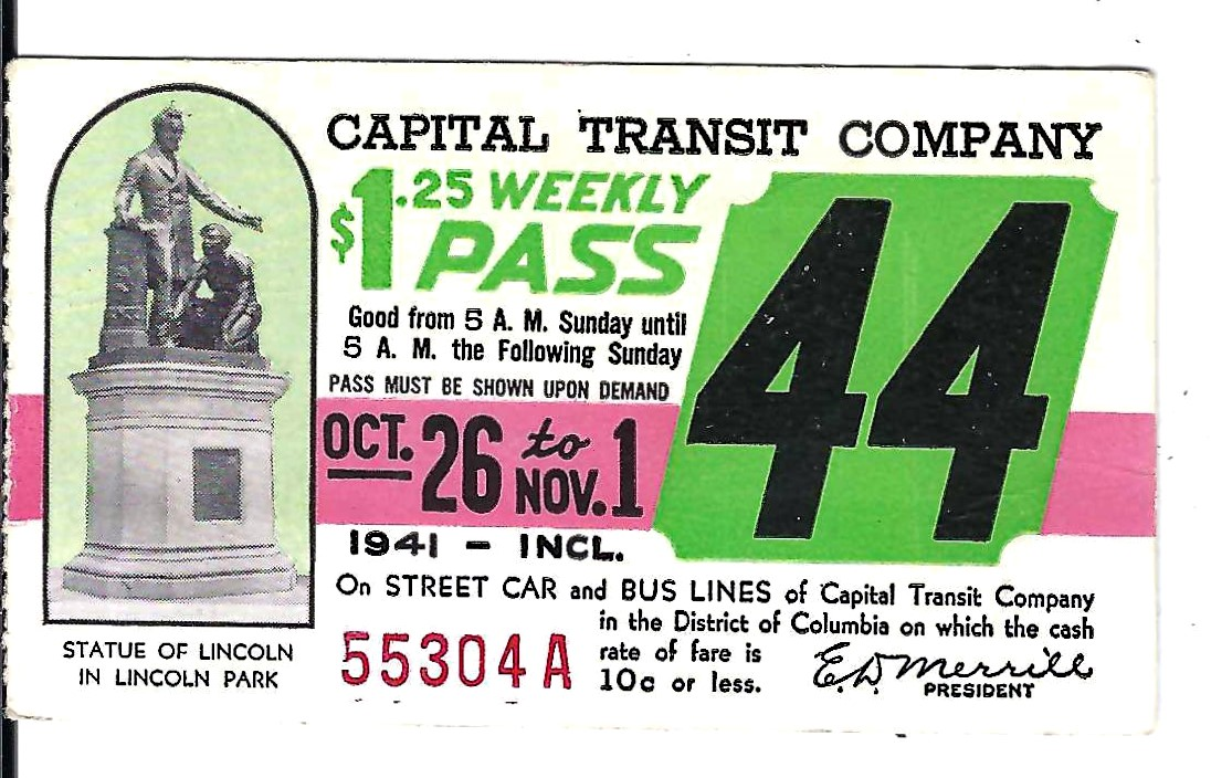 Capital Transit Weekly Pass - 1941 week # 44, Statue of Lincoln DC | eBay