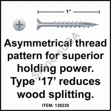 (10000) Zinc Particle Board Screw Type 17 8 x1  Phillips Flat Head w/Nibs 138239