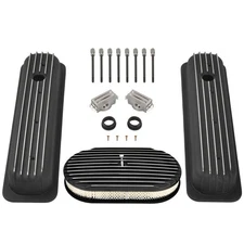 Black Short Finned Valve Cover & 15" Air Cleaner For SBC Chevy 5.0 5.7 350 87-97