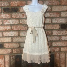 C. Luce Cream Lace Textured Dress Womens Medium Pleated Hem Ribbon Tie NWOT