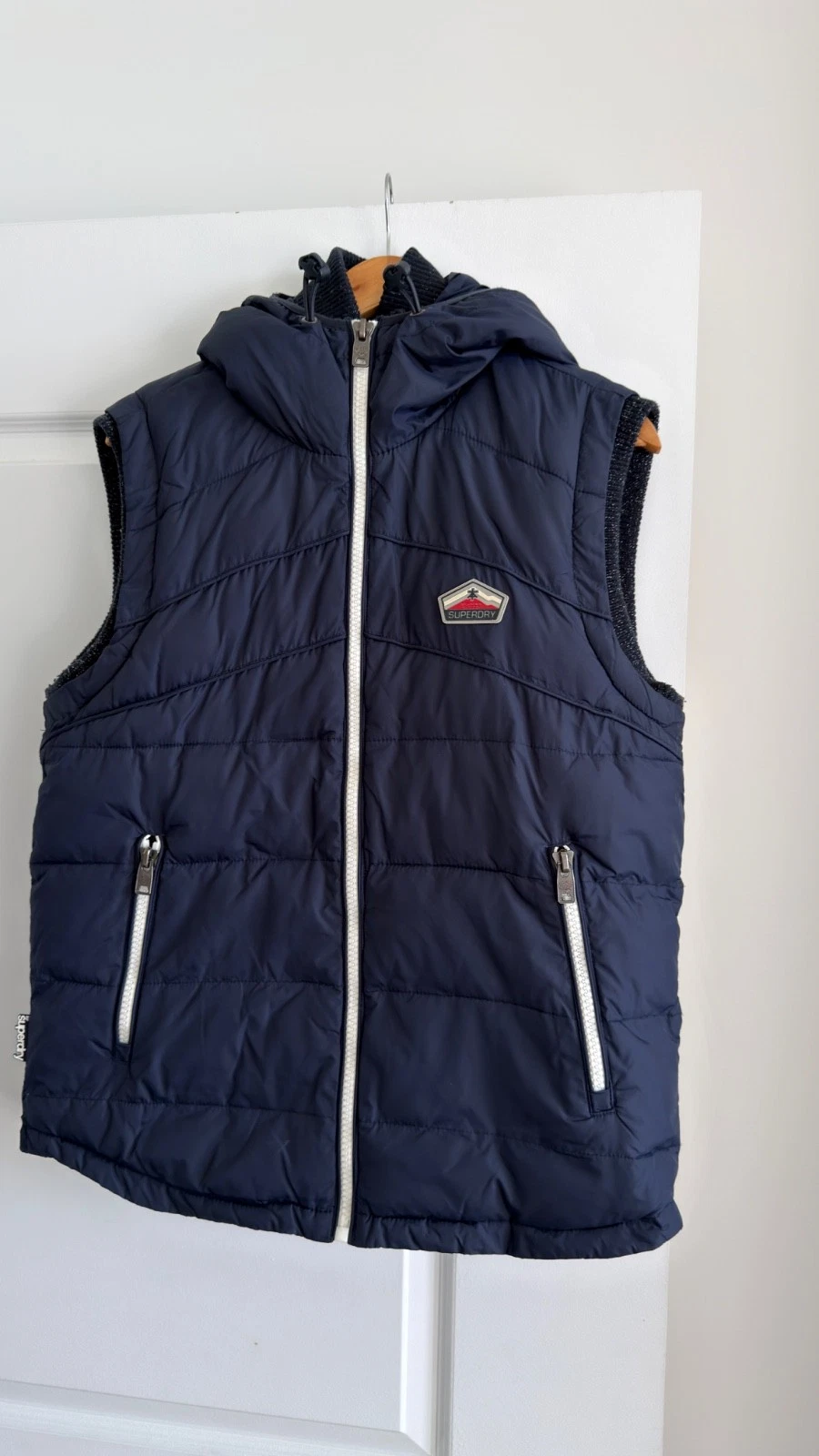 Superdry Men's Premium Black Label Hooded Vest Size L Navy Quilted Puffer Gilet