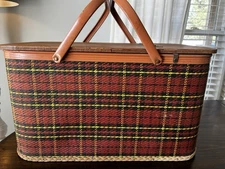 Vintage Redmon Picnic Basket Red Tartan Plaid Metal Handles MCM LARGE WOODEN LID