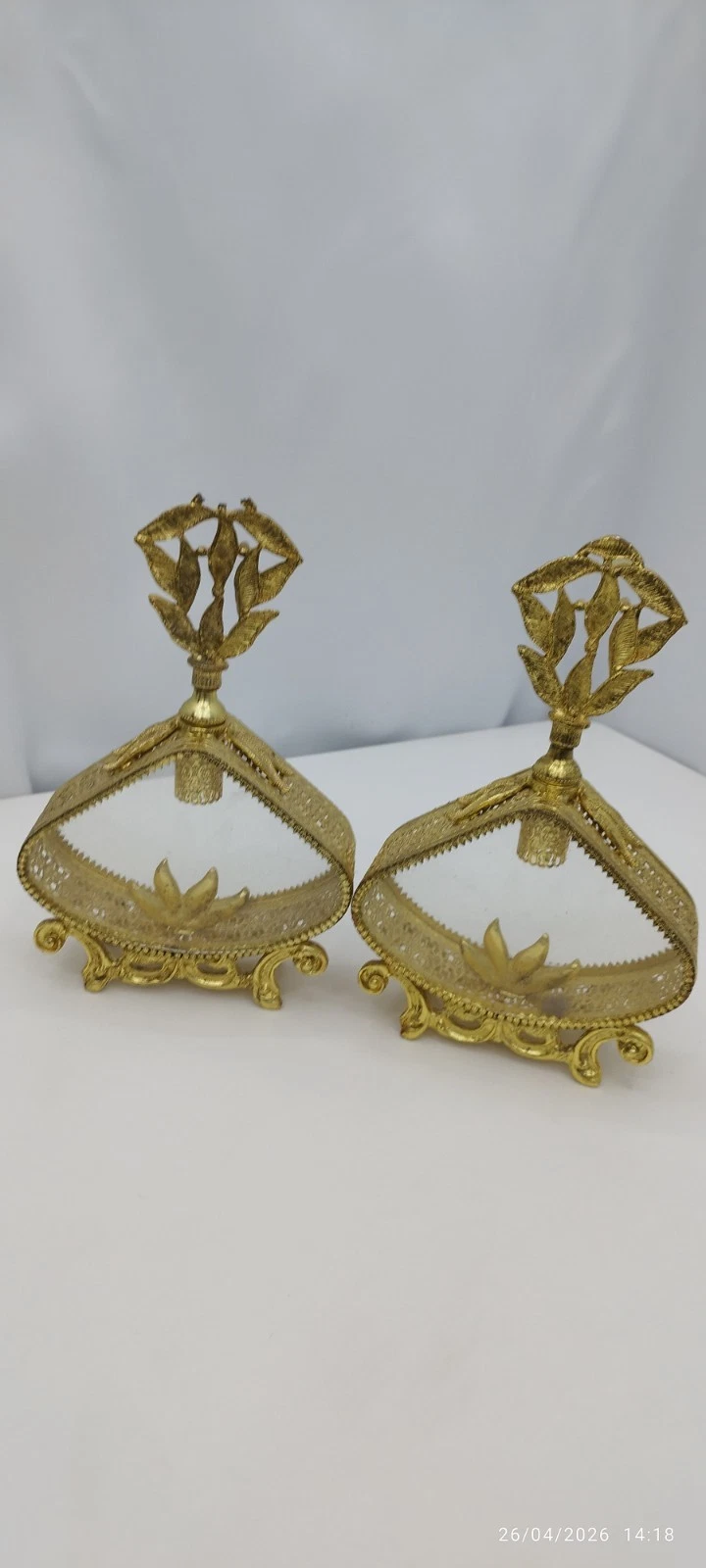 Vintage Ornate Large Perfume Bottle Filigree Gold Ormolu Amber Glass Pair