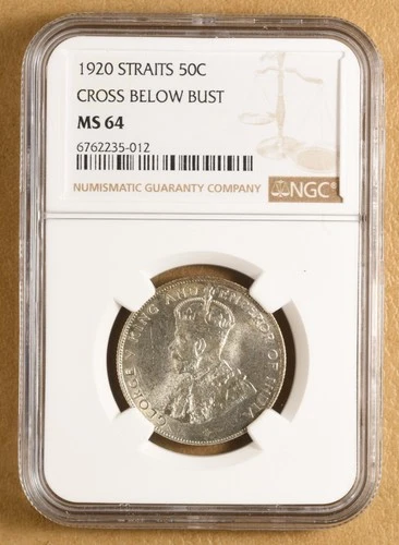 1920 Straits Settlements 50 Cents 'Cross Below Bust' NGC MS64