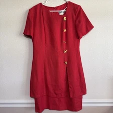 RJ & Co Dress Women 8 Red Woven Gold Button Classic 80s VTG Sheath Made In USA