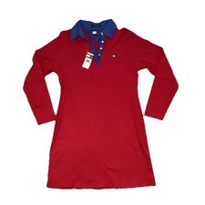 Vintage Tommy Hilfiger Women  s L Red Long Sleeved Rugby Dress Logo Collared NWT