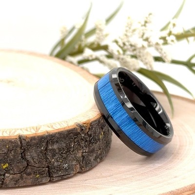 8mm Tungsten Carbide Christmas Gifts Ring Blue Wood Inlay Polished Edges Band