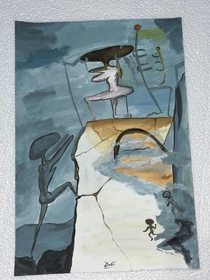 salvador dali painting on old paper signed stamped vintage