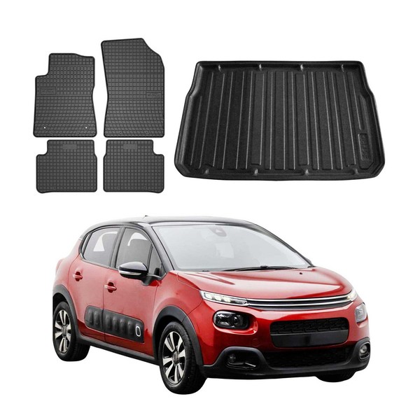 FußMatten & Kofferraumwanne Set FüR Citroen C3 5TüR 2016-2024 5TüR Gummi-image