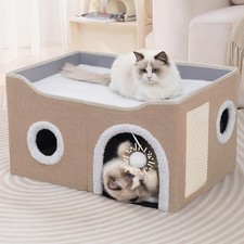 Cat Houses for Indoor Cats - Large Cat Bed Cave with Scratch Pad and Fluffy B...