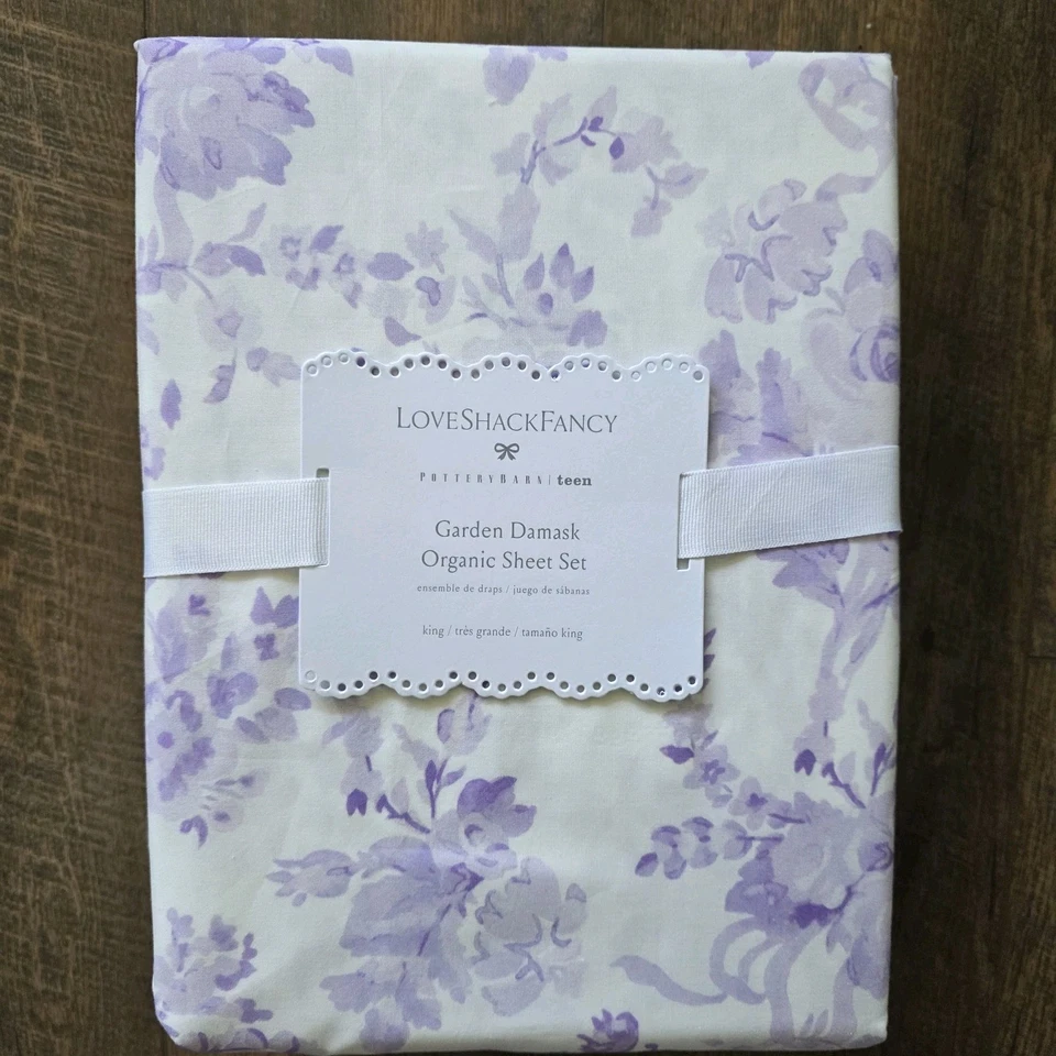 Nuevo Juego de Sábanas Pottery Barn LoveShackFancy Jardín Damasco Orgánico KING Lavanda Foto 2 de 4