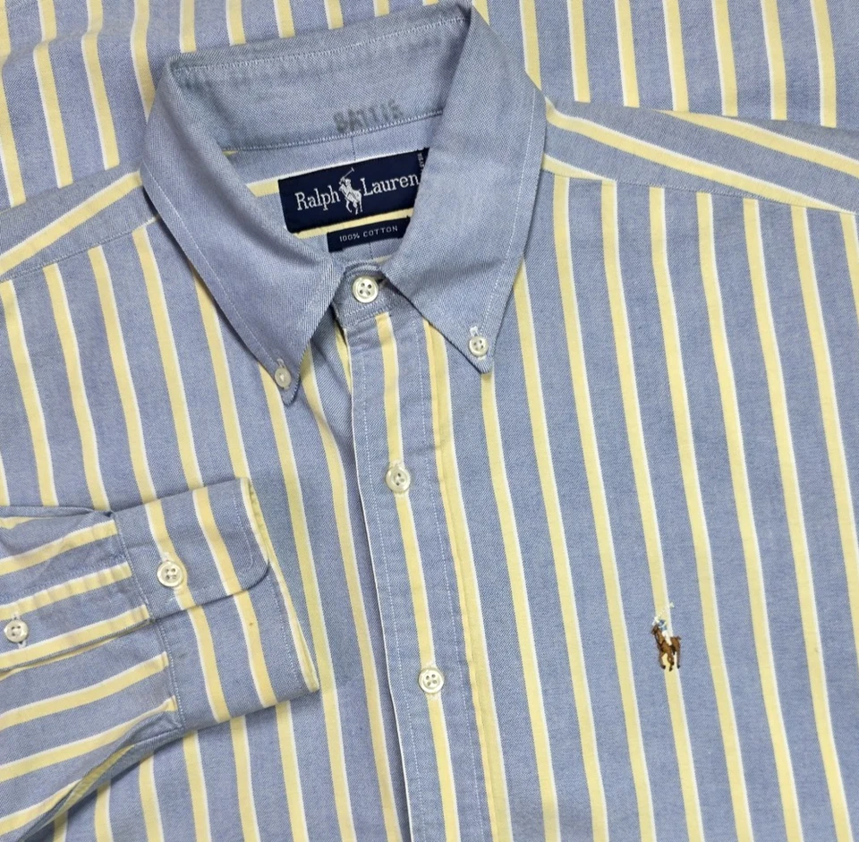 Vtg 90s Ralph Lauren Polo Popover Oxford Long Sleeve Shirt M Blue Stripe Rare - Image 2 of 4