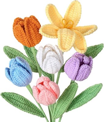 6 Stück Gehäkelte Blumen 41cm Künstliche Tulpen Blumenstrauß Kunstblumen wie Ech