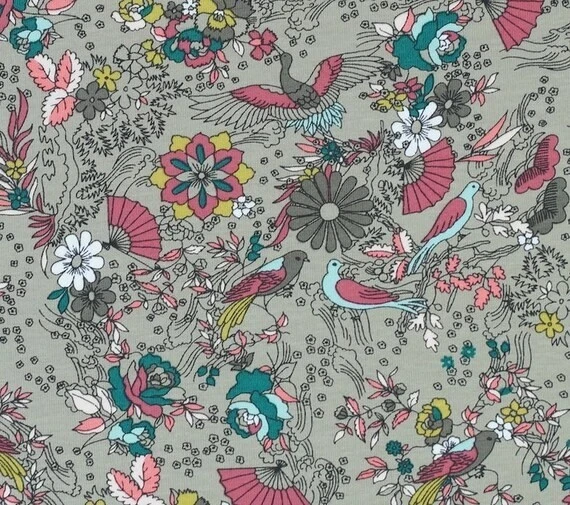 Jerseystoff 100x150cm Asia-Muster Blüten Vögel, elastische Stoffe nähen, Taupe - Bild 2 von 3