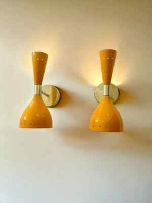 Pair 1950 Mid Century Brass Italian Adjustable Diabolo Wall Sconce Living Bedroo
