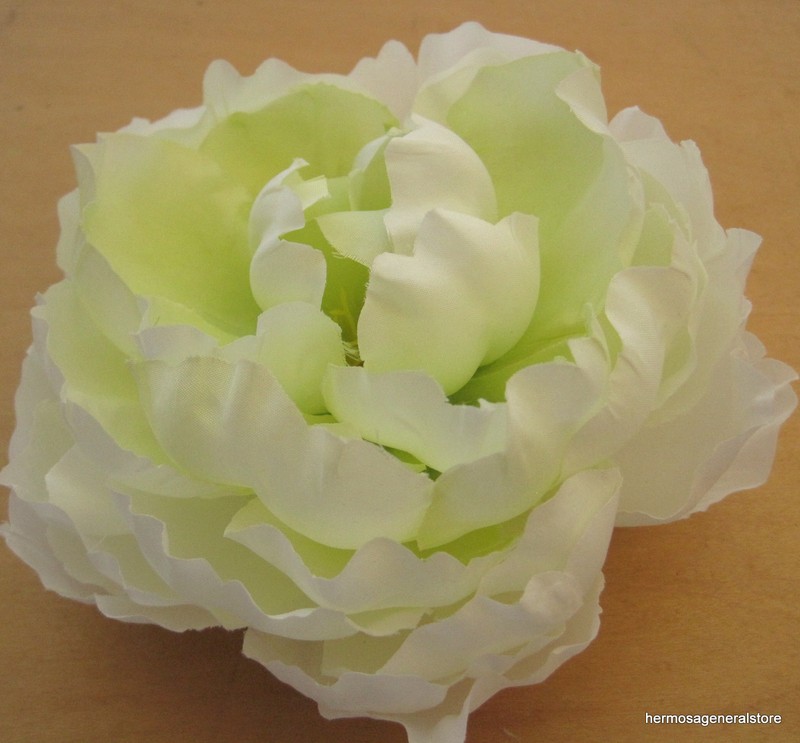 Large 5" White/Lime Peony Silk Flower Combo Hair Clip / Brooch Pin,Wedding,Prom