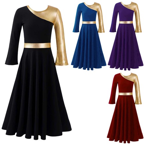 Girls Metallic Gold Praise Dance Dress Liturgical Worship Dancewear Full Length - Picture 3 of 50