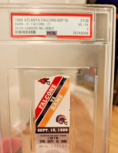 1989 DEION SANDERS NFL DEBUTTO & TD #1 BIGLIETTO 9/10/89 PSA 4 - FALCONS RAMS - Foto 2 di 4