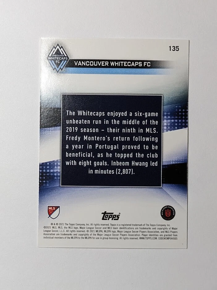 2021 Topps MLS Soccer #135 Vancouver Whitecaps FC - Image 2 of 2