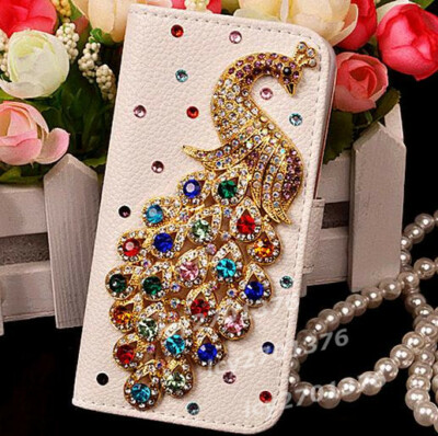 Luxury Bling Diamond Crystal Peacock Case Leather slots Flip Wallet Phone Cover