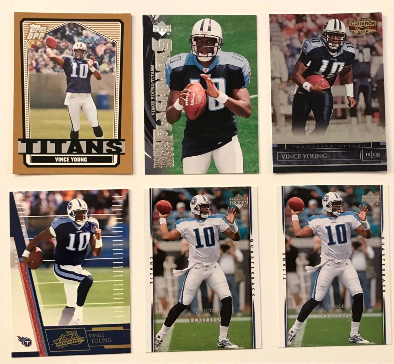 2007 Vince Young 2nd-Year LOT (6): Absolute, Gridiron Gear, Upper Deck, Topps