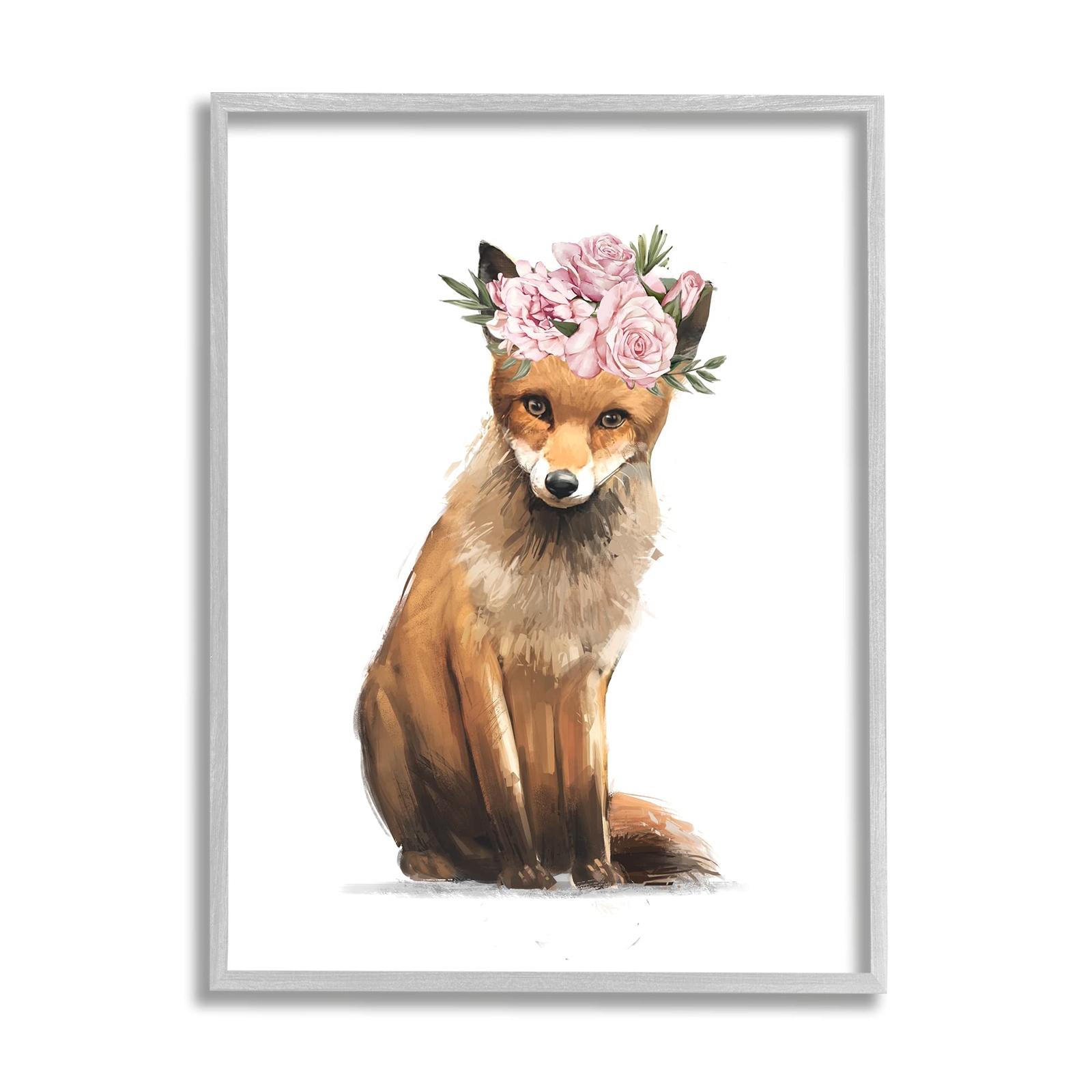 Precious Pink Floral Crown Fox Forest Animal, Designed by Ziwei Li Gray Frame...