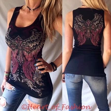 VOCAL Black Embellished Cross Wing Graphic Stitch Detail Biker Ribbed Tank Top
