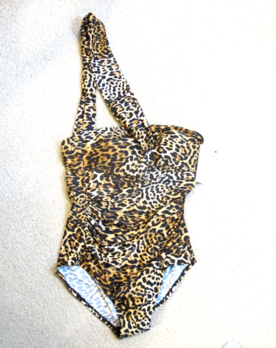 Calvin Klein One Piece Leopard Print Single Strap Rouched Swimsuit Women's 14 - Picture 1 of 7