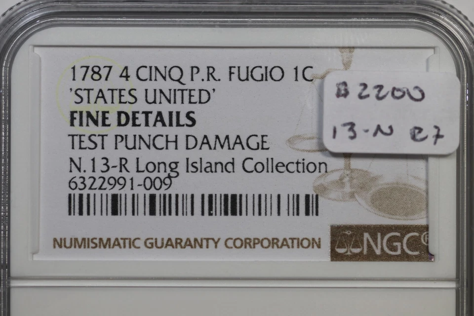 1787 13-N R-7 NGC Fine Details Pointed Rays Fugio Cent Colonial Copper Coin 1c - Image 3 of 3