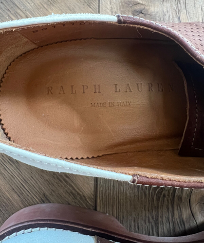 Polo Ralph Lauren Men US 9.5D Brown White Suede Saddle Shoes Perforated Preppy - Picture 15 of 20
